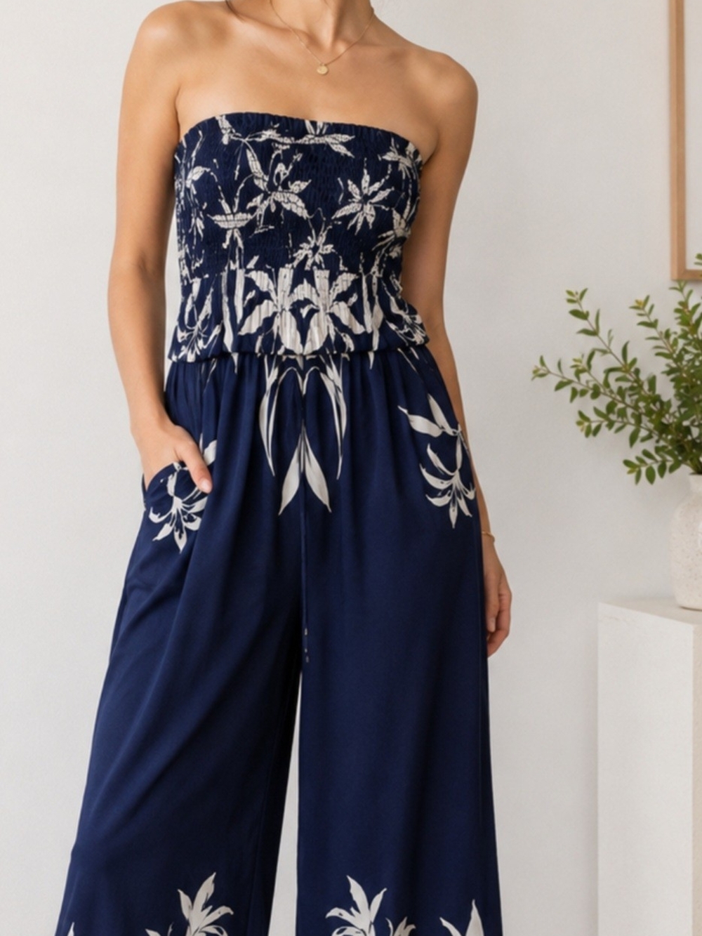 SHEIN Navy Strapless Floral Smocked Wide-Leg Jumpsuit